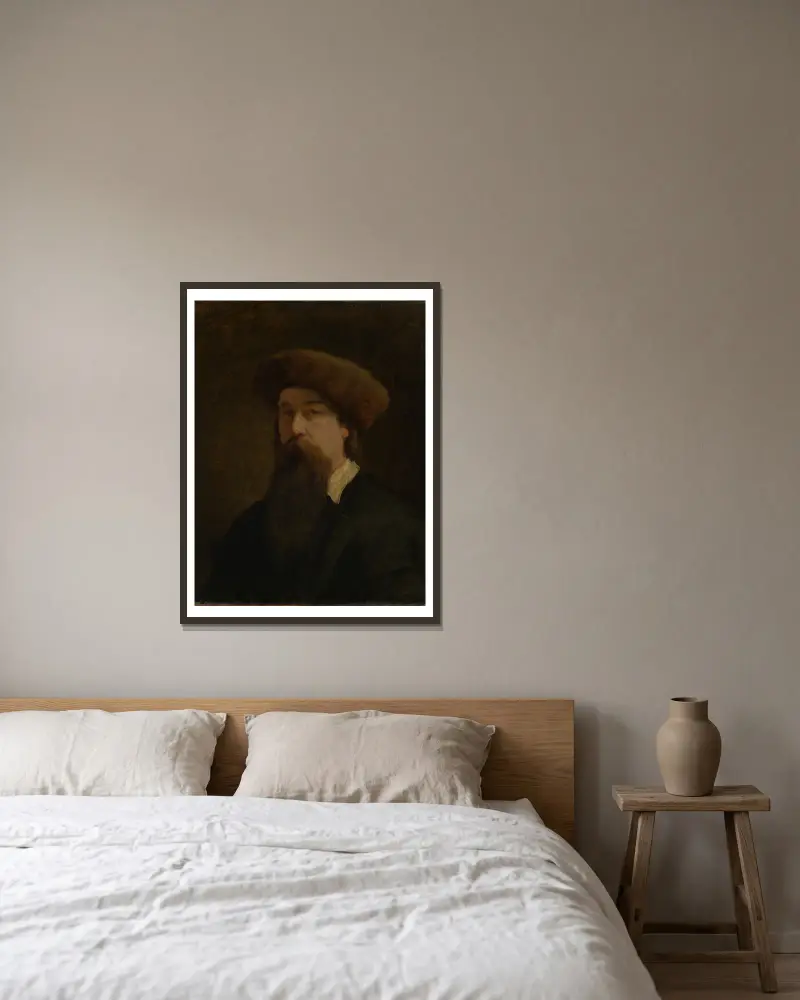 Selbstporträt von Hans Canon gerahmt an einer Wand