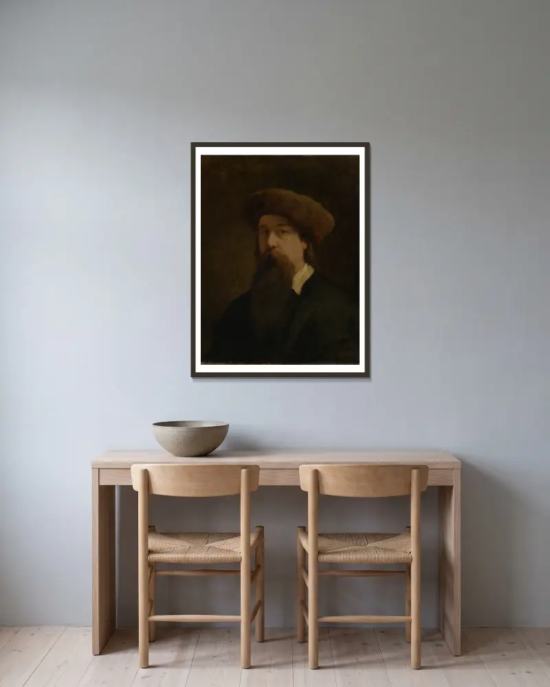Selbstporträt von Hans Canon gerahmt an einer Wand