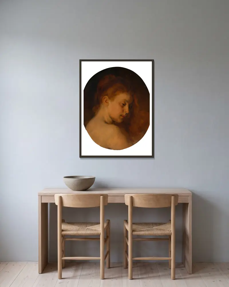Weiblicher Studienkopf (Wiederholung zu 'Nach dem Bade') von Hans Canon gerahmt an einer Wand