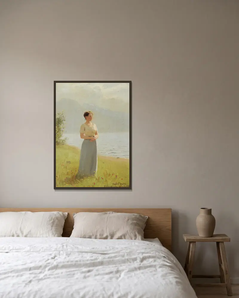 Girl Beside A Fjord av Hans Dahl inramad på en vägg