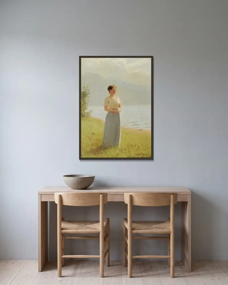 Girl Beside A Fjord av Hans Dahl inramad på en vägg