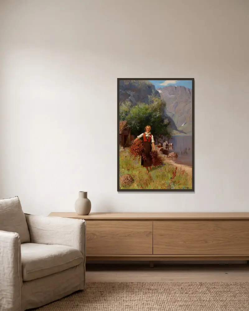 Girl in a Fjord Landscape av Hans Dahl inramad på en vägg