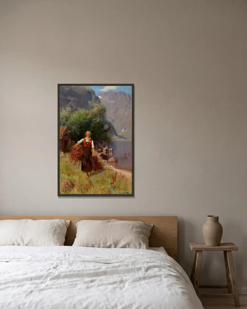 Girl in a Fjord Landscape av Hans Dahl inramad på en vägg