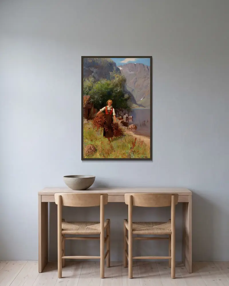 Girl in a Fjord Landscape av Hans Dahl inramad på en vägg