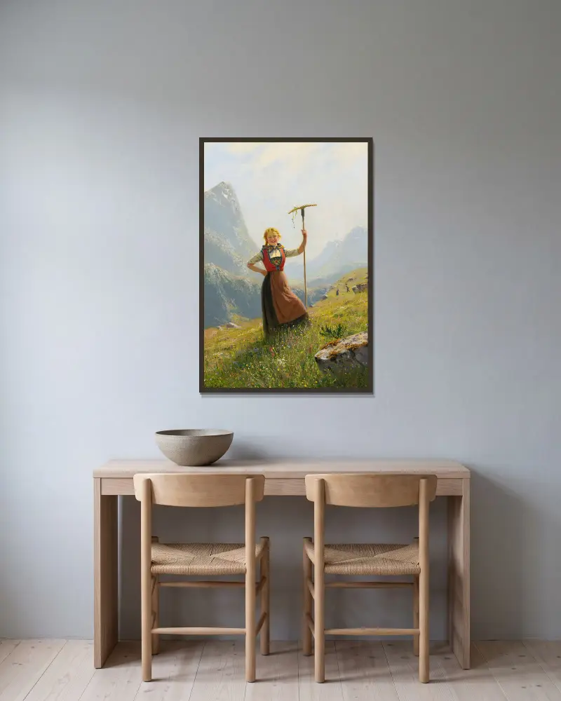 Peasant Girl With A Rake av Hans Dahl inramad på en vägg