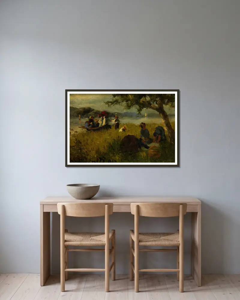 Das Picknick von Hans Dahl gerahmt an einer Wand
