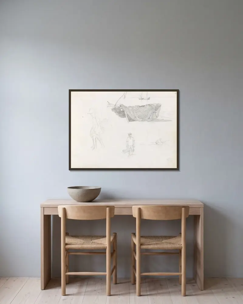 Båt med fisknät; figurstudier av Hans Gude inramad på en vägg