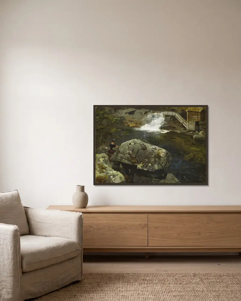 Am Mühlenteich von Hans Gude gerahmt an einer Wand