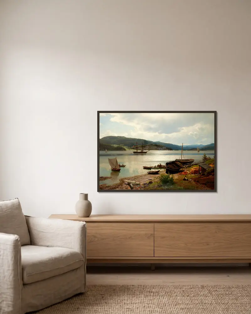 Am Wasser von Hans Gude gerahmt an einer Wand
