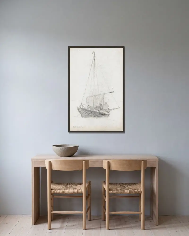 Fiskebåt fra Ahlbeck av Hans Gude inramad på en vägg