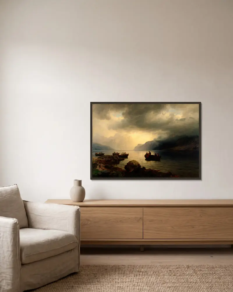 Trauerzug am Sognefjord von Hans Gude gerahmt an einer Wand