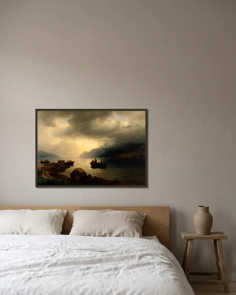 Trauerzug am Sognefjord von Hans Gude gerahmt an einer Wand