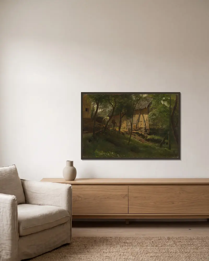 Deutscher Bauernhof von Hans Gude gerahmt an einer Wand