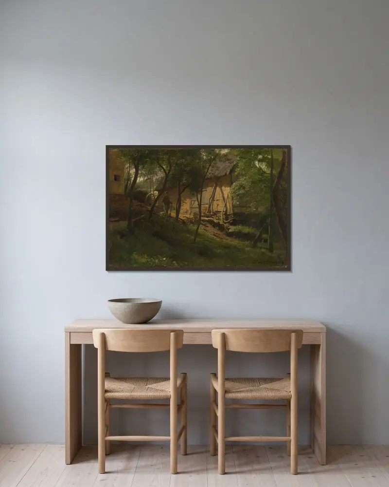 Deutscher Bauernhof von Hans Gude gerahmt an einer Wand