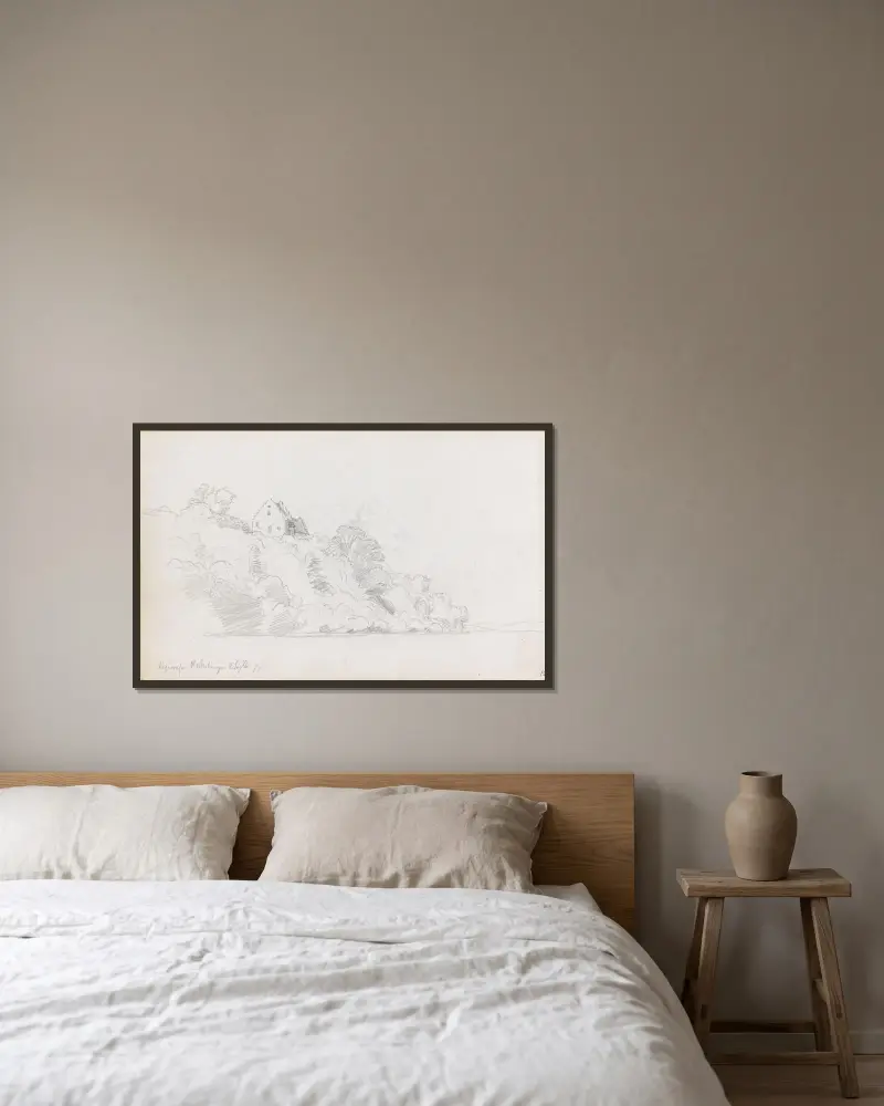 Häuser bei Überlingen von Hans Gude gerahmt an einer Wand