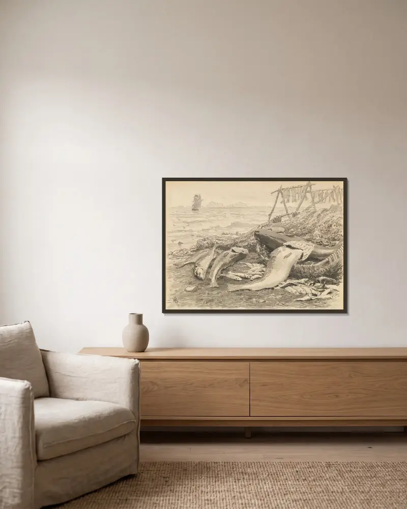 Illustration for ‘The Cormorants of Utröst’ av Hans Gude inramad på en vägg