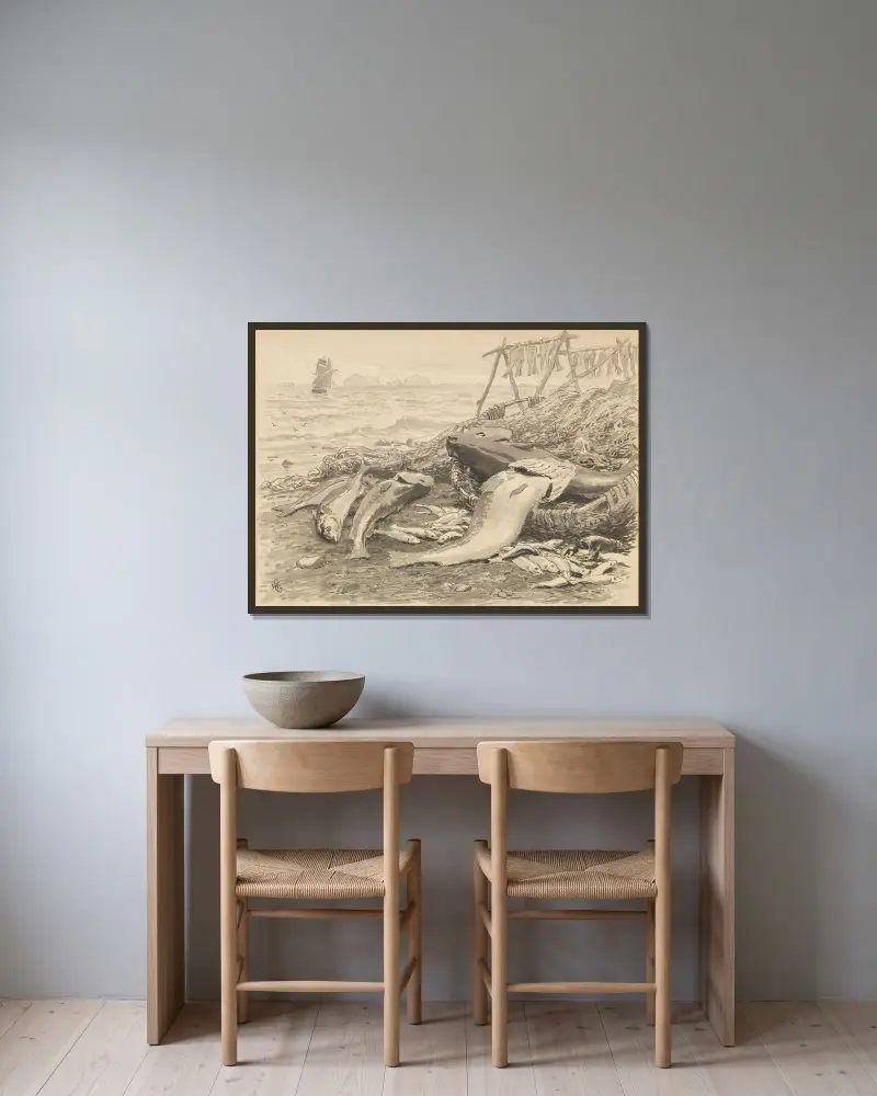Illustration for ‘The Cormorants of Utröst’ av Hans Gude inramad på en vägg