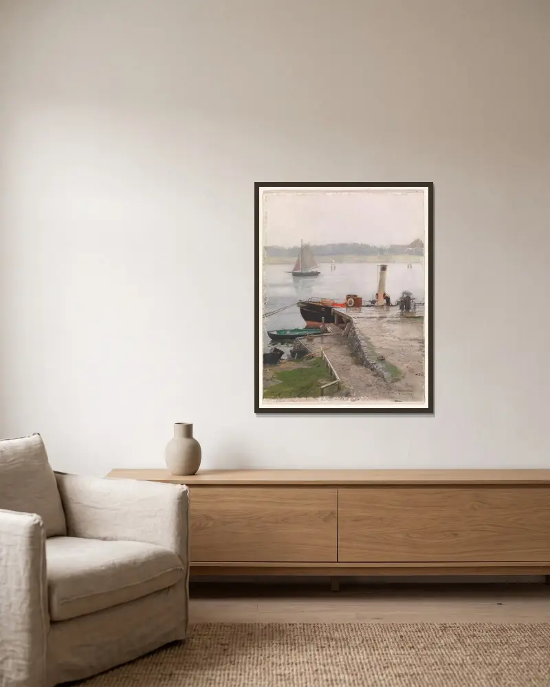 Jetty, Travemünde av Hans Gude inramad på en vägg