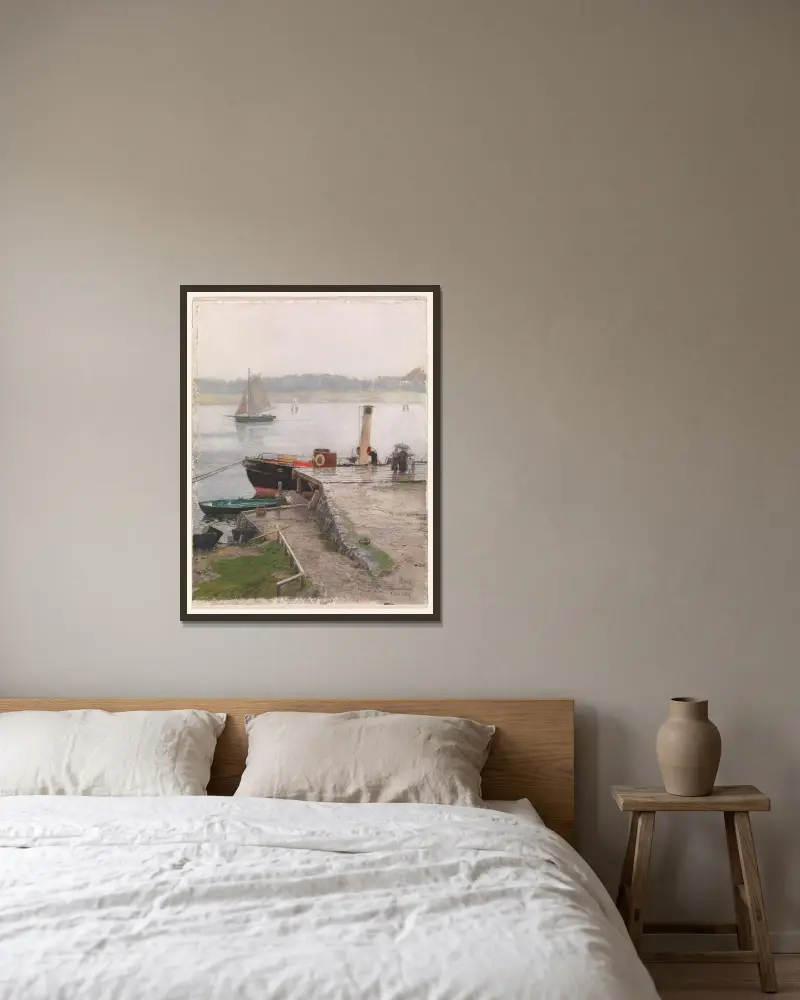 Jetty, Travemünde av Hans Gude inramad på en vägg
