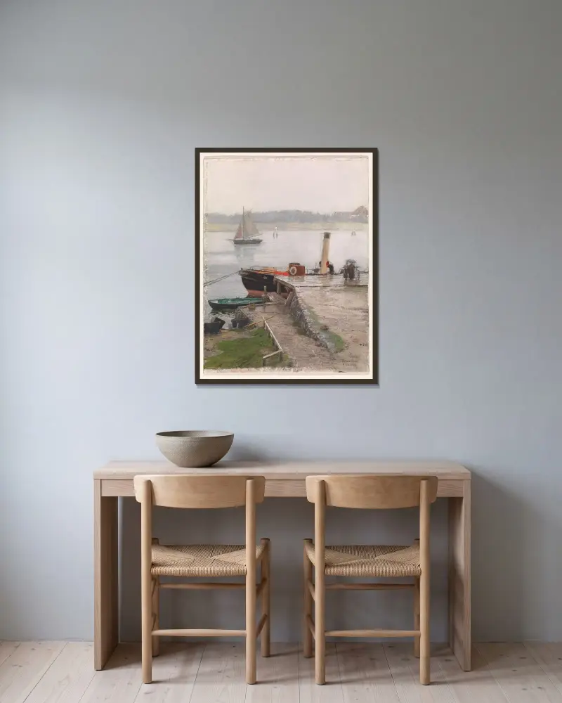 Jetty, Travemünde av Hans Gude inramad på en vägg