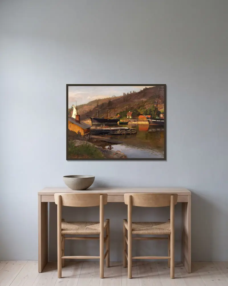 Landingsbrygge Husvik, Drøbak av Hans Gude inramad på en vägg