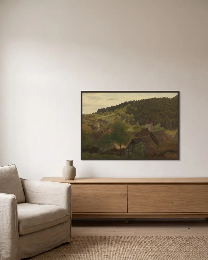 Landscape from Ebersteinburg in Baden av Hans Gude inramad på en vägg
