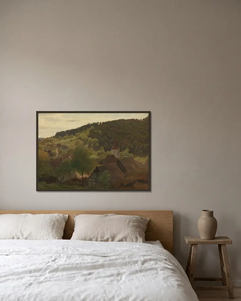 Landscape from Ebersteinburg in Baden av Hans Gude inramad på en vägg