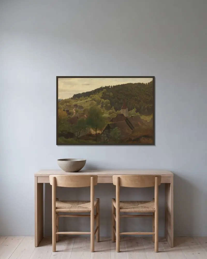 Landscape from Ebersteinburg in Baden av Hans Gude inramad på en vägg