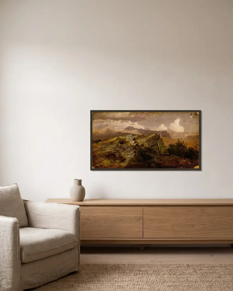 Norwegian Highlands av Hans Gude inramad på en vägg