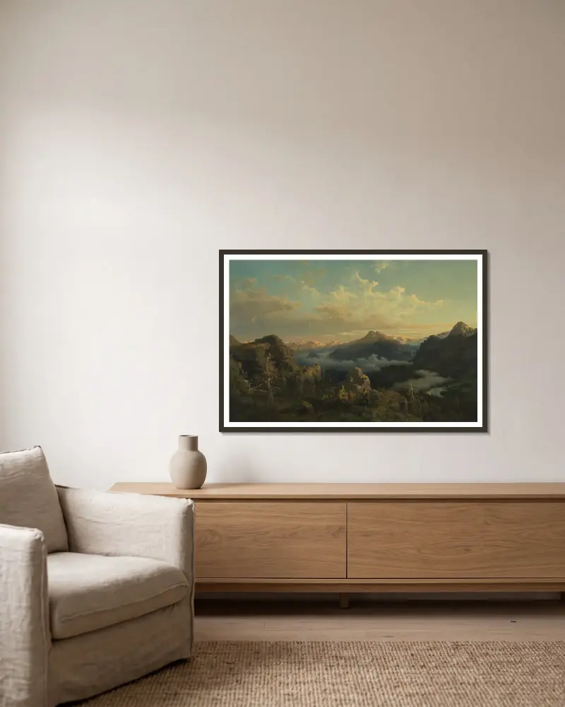 Norwegian Highlands in Sunrise av Hans Gude inramad på en vägg