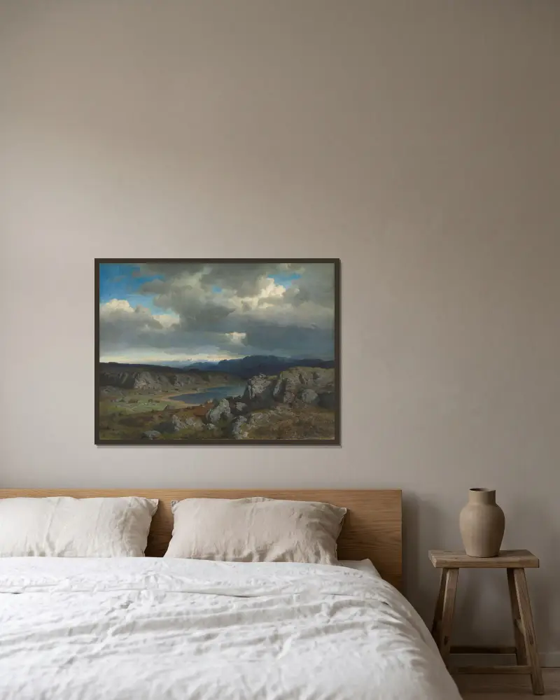 Norwegisches Hochgebirge, 1857 von Hans Gude gerahmt an einer Wand