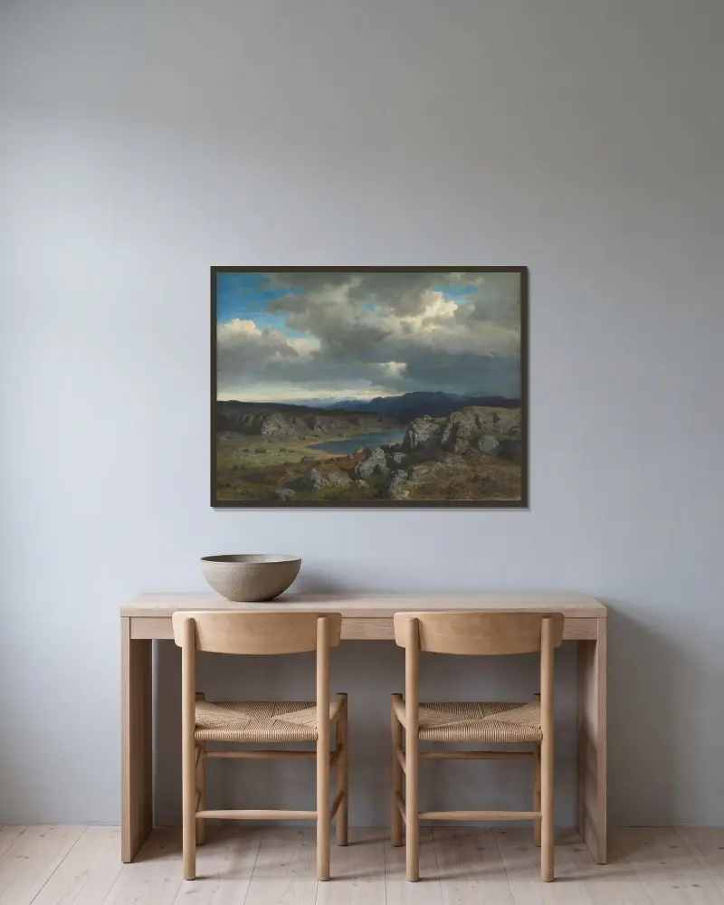 Norwegisches Hochgebirge, 1857 von Hans Gude gerahmt an einer Wand
