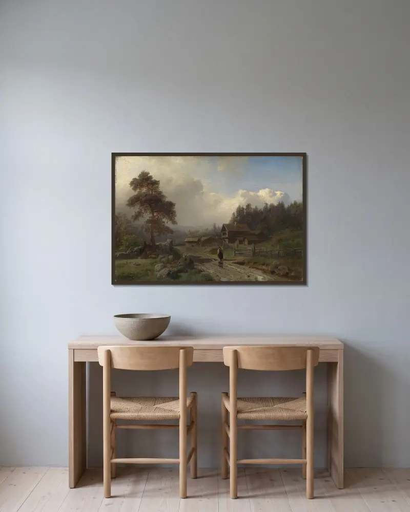 Norwegian Landscape in Rain av Hans Gude inramad på en vägg