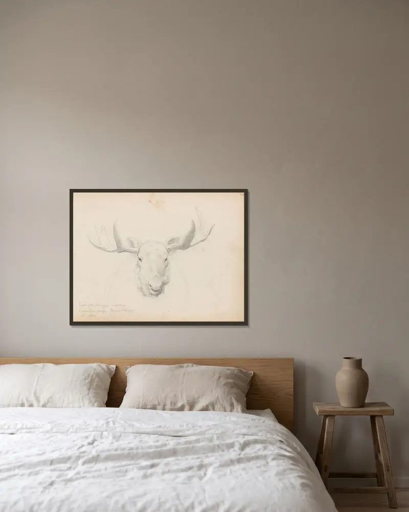 Studie av elghode av Hans Gude inramad på en vägg