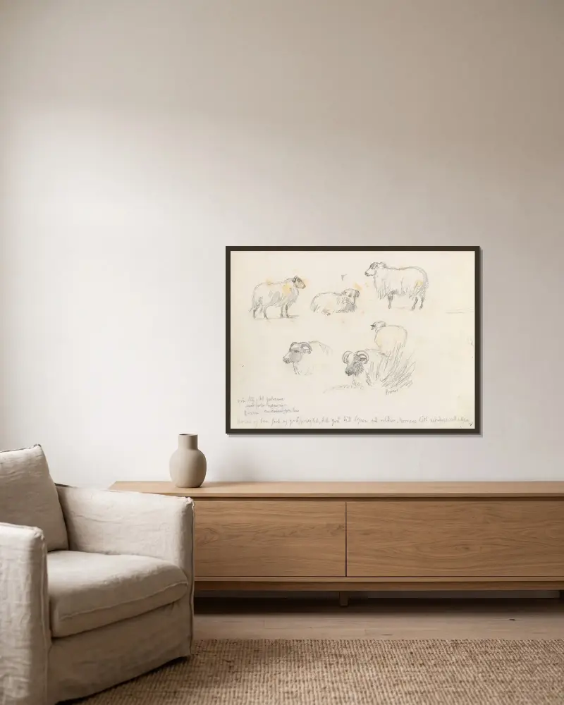 Studier av sauer av Hans Gude inramad på en vägg