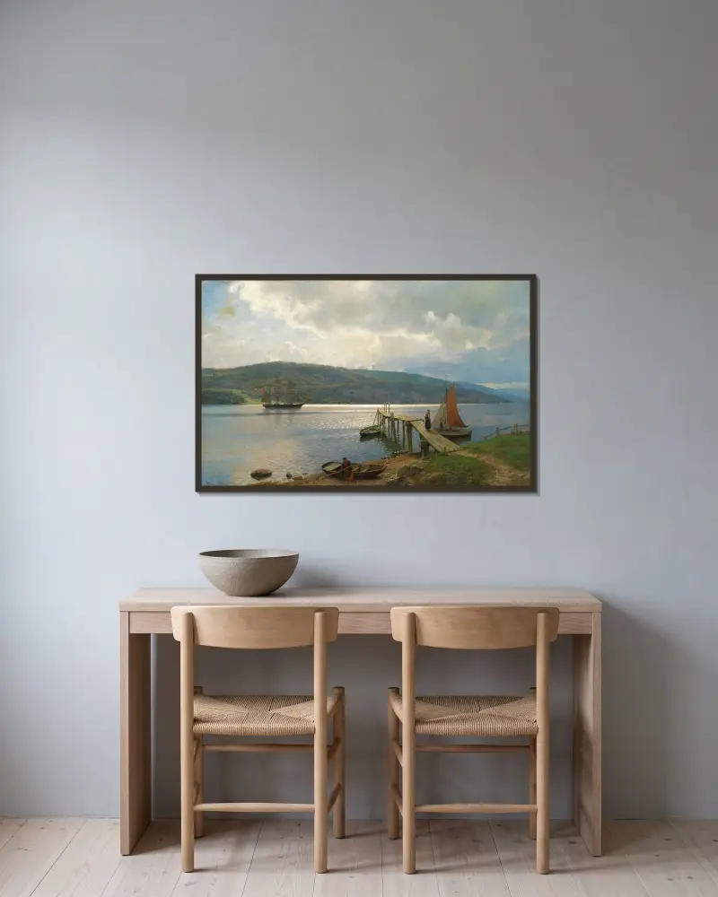 Bryggan vid Feste nära Moss av Hans Gude inramad på en vägg