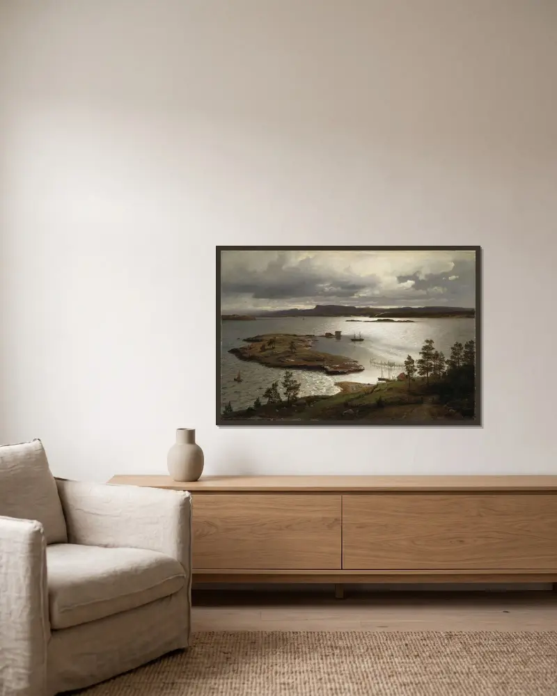 The Sandvik Fiord av Hans Gude inramad på en vägg