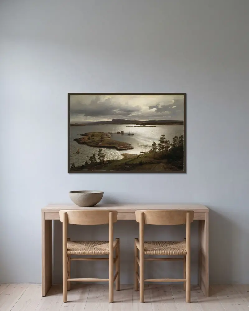 The Sandvik Fiord av Hans Gude inramad på en vägg