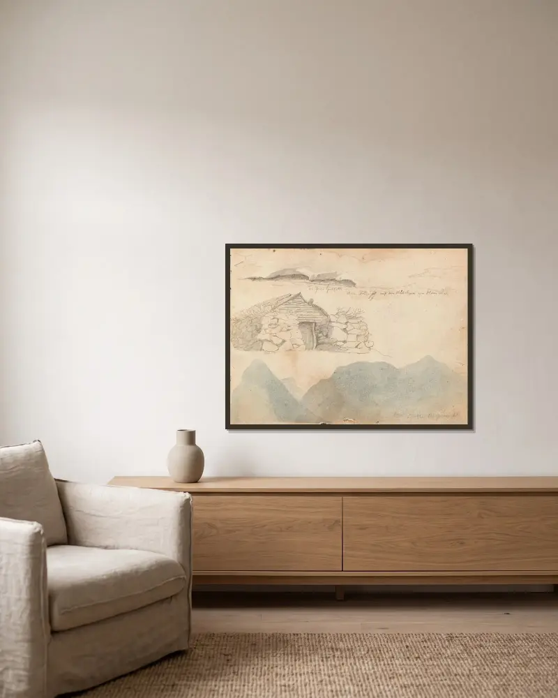 Widok na góry Hemsedal; kamienna chatka; z Lustrafjorden, Hans Gude w ramie na ścianie