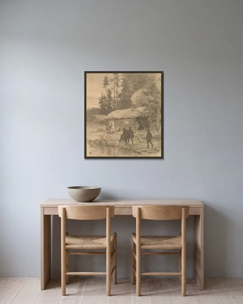 Vi kom snart til seteren. Gutten var gått i forveien med hundene og hadde gjort opp en dyktig ild på peisen av Hans Gude inramad på en vägg