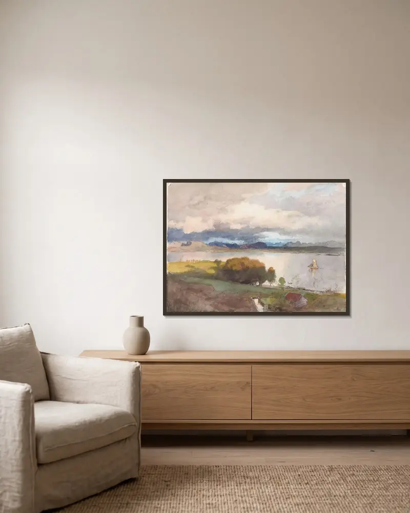 Vy över Molde fjord av Hans Gude inramad på en vägg