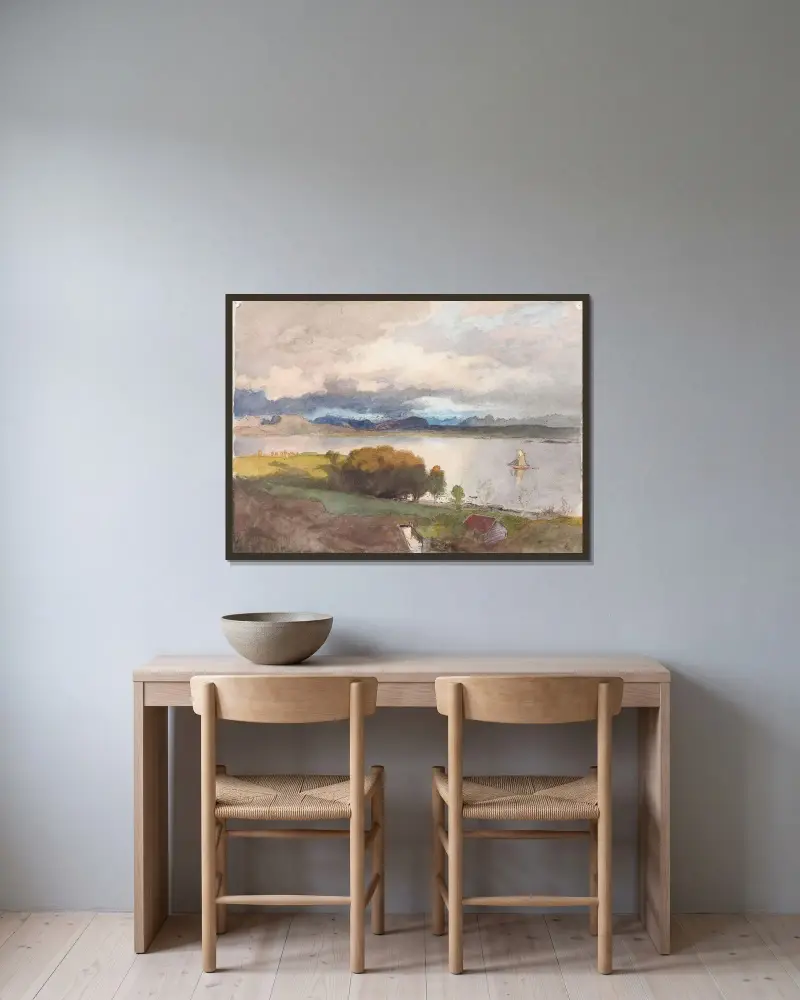 Vy över Molde fjord av Hans Gude inramad på en vägg