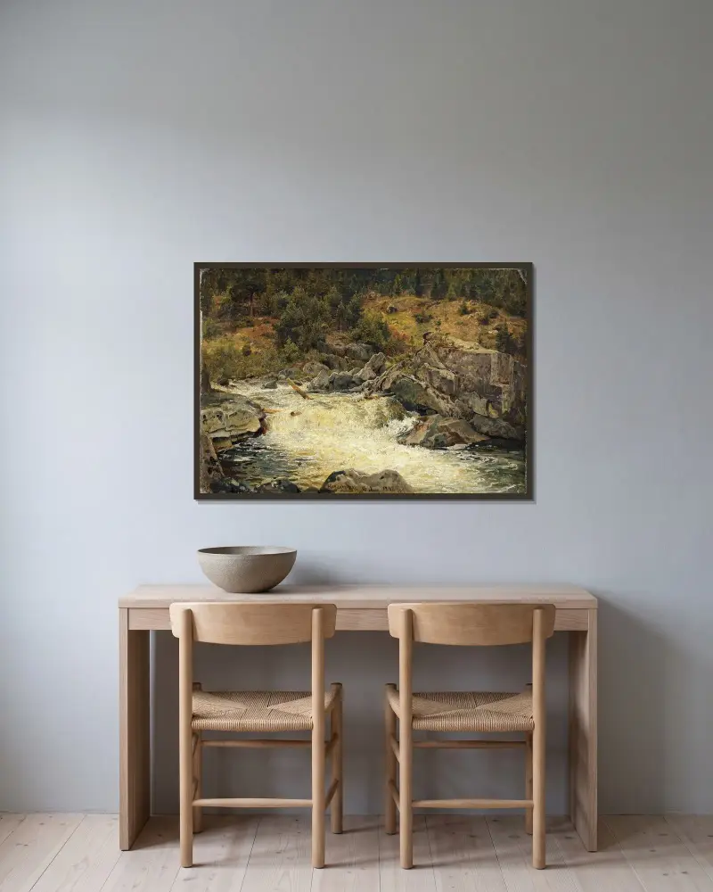 Vattenfall i Hallingdal av Hans Gude inramad på en vägg