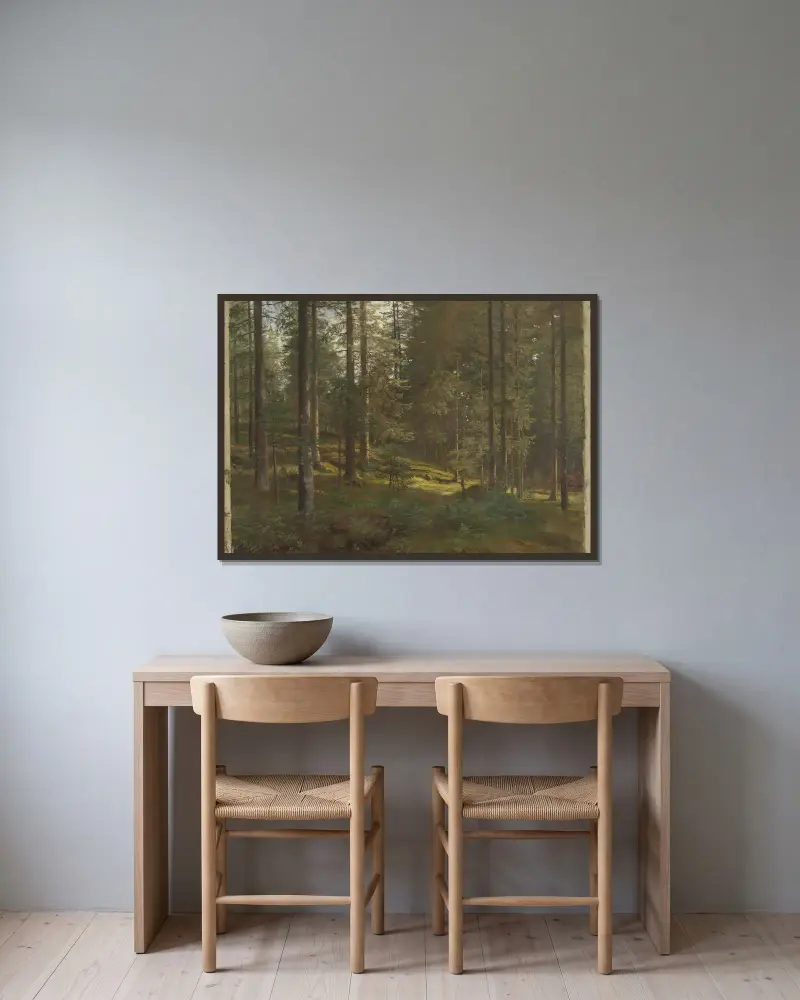 Waldlandschaft von Hans Gude gerahmt an einer Wand