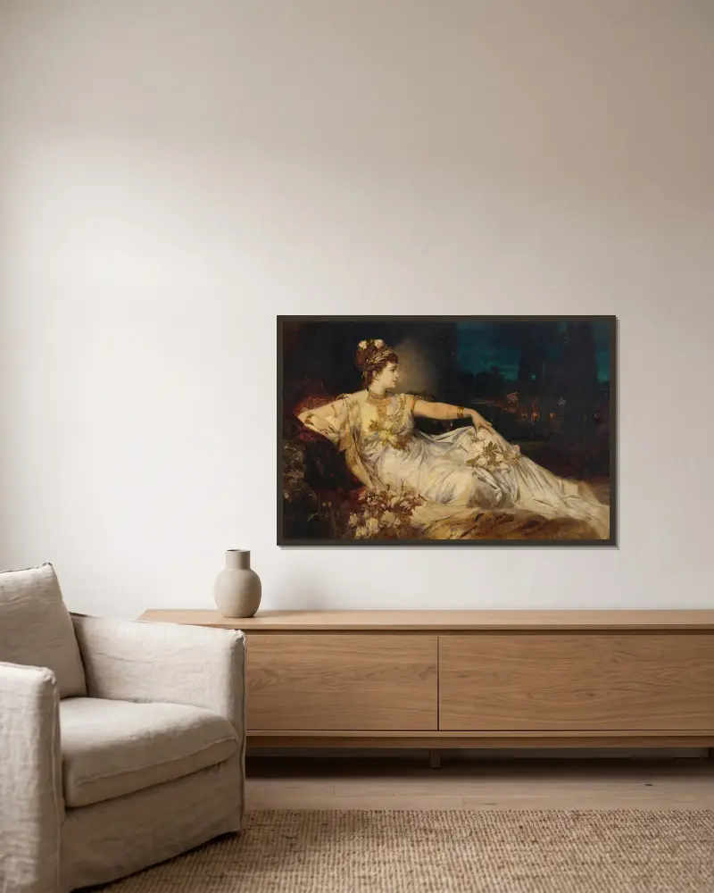 Charlotte Wolter als Messalina av Hans Makart inramad på en vägg