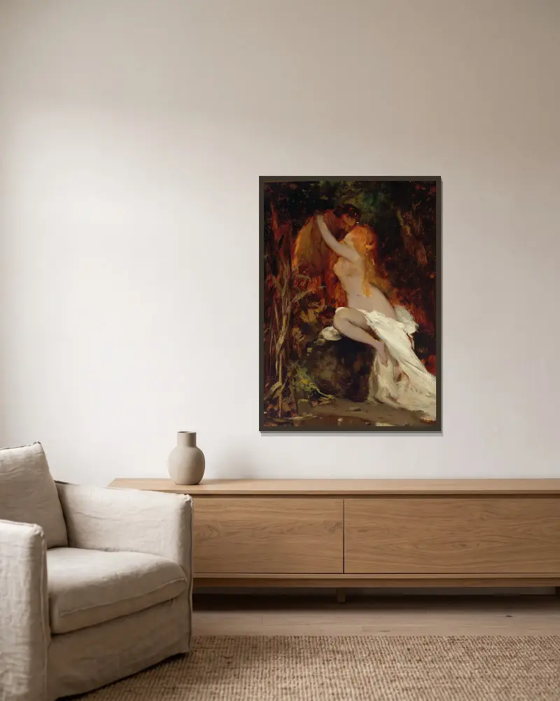 Faun And Nymph av Hans Makart inramad på en vägg