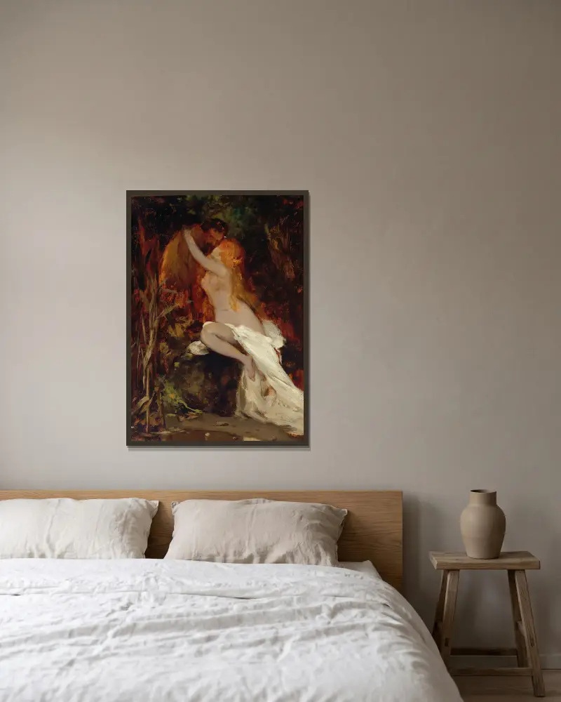 Faun And Nymph av Hans Makart inramad på en vägg