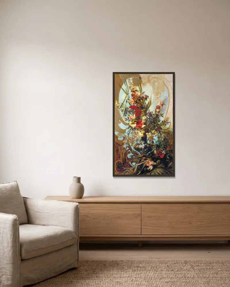 Blombukett av Hans Makart inramad på en vägg