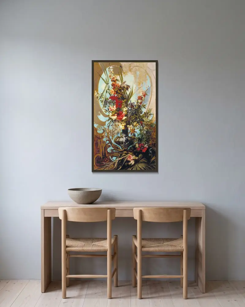 Blombukett av Hans Makart inramad på en vägg