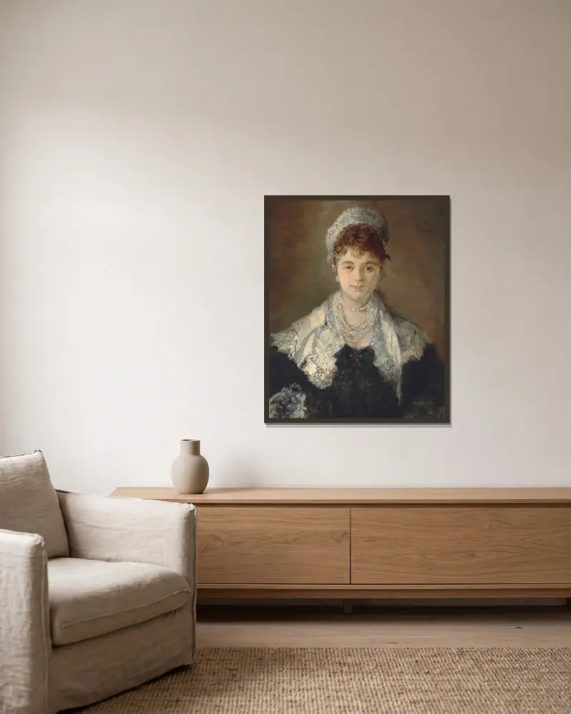 Porträt einer Dame, möglicherweise Johanna (Hanna) Elisabeth Maria von Klinkosch, Prinzessin Aloys von Liechtenstein von Hans Makart gerahmt an einer Wand
